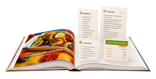 Page intérieure du livre montrant une recette avec sa charge glycémique et ses valeurs nutritionnelles